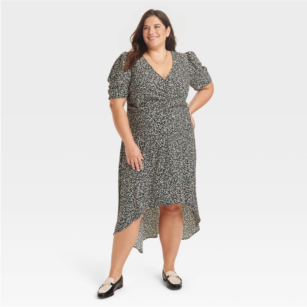 NWT Green Floral V-Neck High-Low Lightweight Flowy Short Sleeve Dress XXL